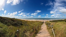 Ein Weg der zum Strand an der Nordseeküste führt. An den Seiten befinden sich Wiesen und Hügel, die Sonne scheint und es befinden sich ein paar Wolken im blauen Himmel.