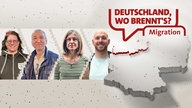 Zwei Männer und zwei Frauen lächeln in die Kamera. Daneben der rote Schriftzug: Deutschland, wo brennt's? Migration