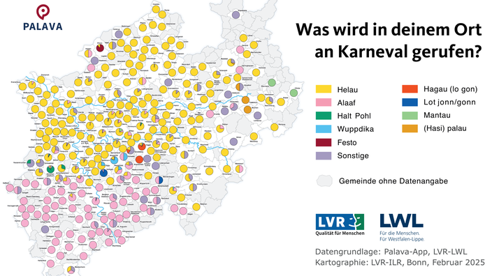 Die Karte zeigt, dass im Süden NRW eher "Alaaf" gerufen wird, im Norden "Helau". Außerdem sind die besonderen Rufe "Halt Pohl", "Wuppdika", "Hagau", "Lot jonn", "Hasi Palau" und "Festo" hervorgehoben. Datengrundlage: Palava-App