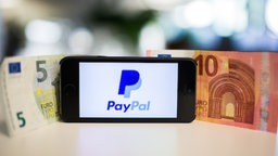 Das Bld zeigt ein Smartphone mit dem Paypal-Symbol und Geldscheine daneben.