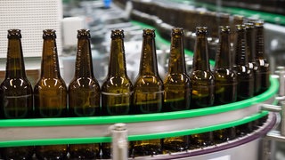 Gewaschene Bierflaschen laufen durch die Produktion einer Brauerei. 