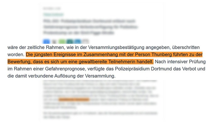 Screenshot einer ersten Pressemitteilung der Polizei Dortmund vom 08.10.2024 um 21:06. Dort wird Greta Thunberg als "gewaltbereit" benannt.