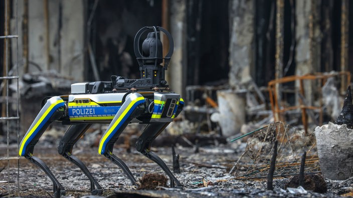 Polizeiroboter Spot vor einer Brandruine in Essen