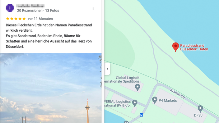 Kommentar zu Paradiesstrand in Düsseldorf auf Google Maps: Es gibt Sandstrand, Baden im Rhein, Bäume für Schatten nd eine herrliche Aussicht auf das Herz von Düsseldorf."