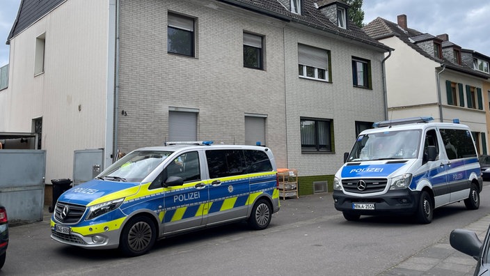 Zwei Polizeiautos vor dem Haus.