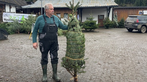 Ein Mann hält einen Weihnachtsbaum, der mit einem Netz umwickelt ist.