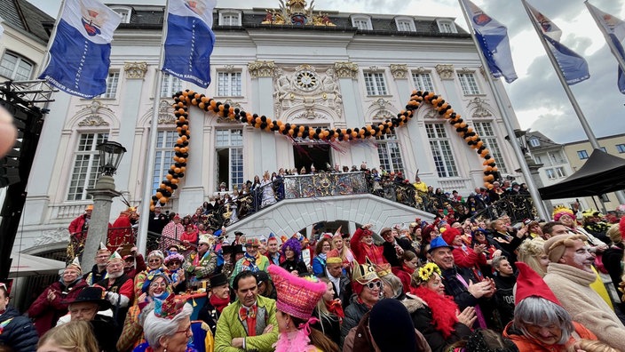 Verkleidete Menschen stehen vor dem historischen Bonner Rathaus und schauen sich den Zug von der Freitreppe aus an.