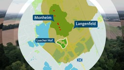 Eine Landkartengrafik mit den Orten Monheim und Langenfeld, dazwischen das Trinkwasserschutzgebiet Laacher Hof