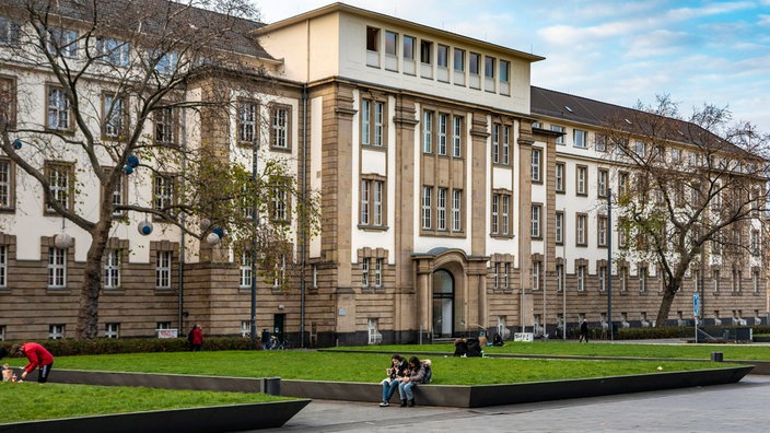 Auf dem Foto ist ein Gebäude in verschiedenen Brauntönen. Davor ist eine Wiese.