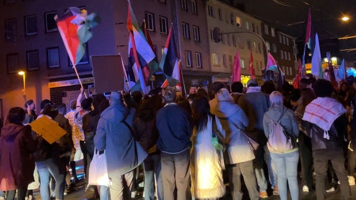 Demonstranten laufen mit Palästina-Flaggen über die Straße