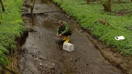 Wasserökologe kniet in Gummistiefeln in einem Bach