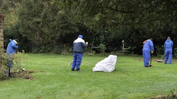 Männer in blauen Schutzanzügen reinigen in einem Garten einen Rasen