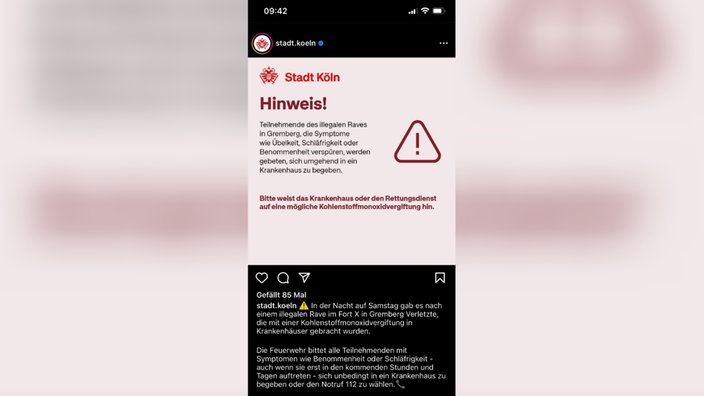 Ein Instagram-Post der Stadt Köln mit dem Hinweis an Teilnehmende des Raves in Gremberg