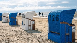 Strandkörbe am Nordseestrand,Spaziergänger im Hintergrund 