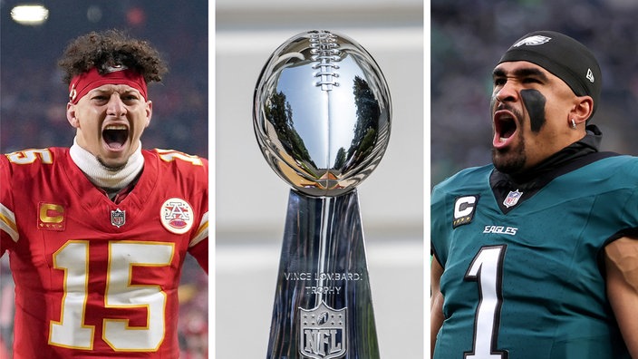 Superbowl 2025, Patrick Mahomes und Jalen Hurts in einer Collage 