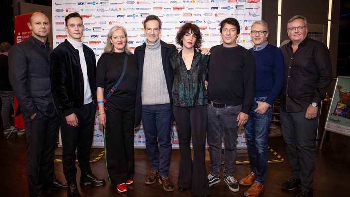 Tatort - "Cash“-Premiere beim 33. Kinofest Lünen (v.l.n.r.): Moritz Führmann, Rick Okon, Sybille Schedwill, Jörg Hartmann, Lucia Staubach (Produzentin Bavaria Fiction), Sebastian Ko (Regie), Frank Tönsmann (WDR-Redakteur), Jürgen Werner (Buch).