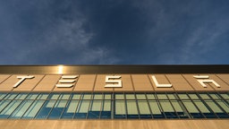 Tesla-Schriftzug an der Gigafactory Grünheide