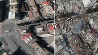 Aufnahme von Gebäuden vor und nach dem Erdbeben in der Türkei und Syrien. 