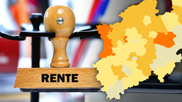 Stempel, auf dem "Rente" steht, daneben eine Karte von NRW, die in Orangetönen gefärbt ist