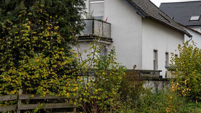 Blick durch Gebüsch auf ein Einfamilienhaus.