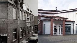 Links ein Haus mit Kolping-Schild in schwarz-weiß, rechts ein Haus mit der Aufschrift "Bürgerhaus" in Farbe.