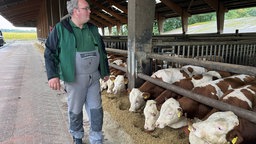 Landwirt Andreas Thesing aus Heek im Kreis Borken steht bei seinen Kühen, die gefüttert werden