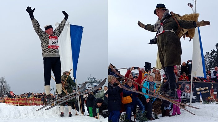 Zwei Männer springen über die selbstgebaute Schanze in Knickerbockern.