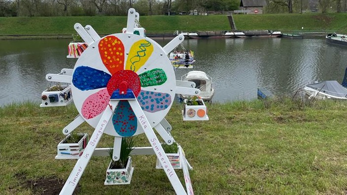 Zu sehen ist ein Miniaturriesenrad, welches bunt bemalt ist. Es steht auf einer Wiese vor einem See.