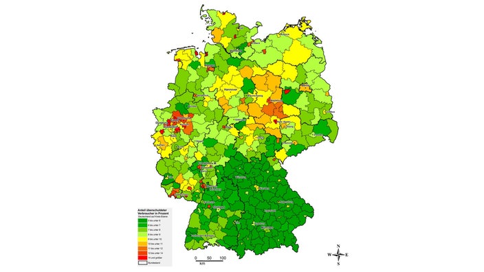 Eine Deutschlandkarte mit bunt markierten Städten und Kreisen