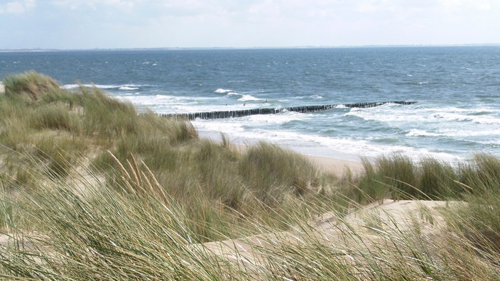 Strand und Dünen in Zeeland. Im Hintergrund ist die stürmische Nordsee zu sehen.