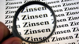 Blick durch die Lupe auf ein Blatt mit dem Schriftzug "Zinsen"