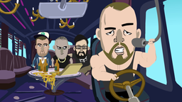 Cartoon: Kollegah, Marteria, Haftbefehl und Sido im 1LIVE Babo-Bus