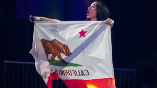 Katy Perry tritt während des «FireAid»-Benefizkonzerts im Intuit Dome auf. Sie hält die Bear Flag, die Flagge Kaliforniens.