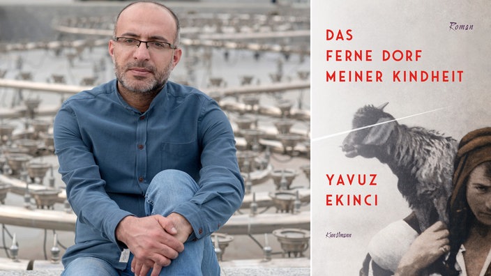 Der türkische Autor Yavuz Ekinci und das Cover seines Buches "Das ferne Dorf meiner Kindheit"