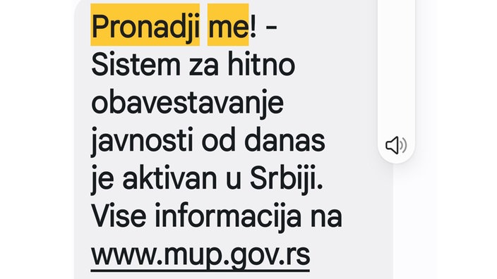 SMS poruka sa obaveštenjem da je sistem "Pronađi me!" počeo sa radom