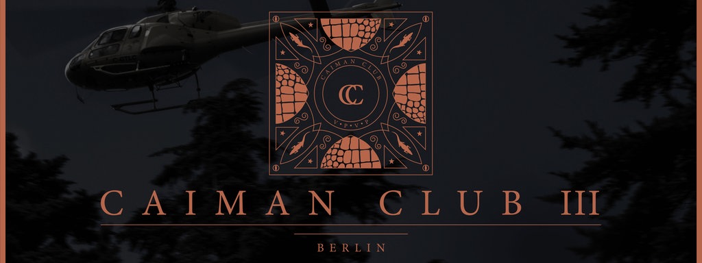 Logo des Caiman Clubs in orange vor schwarzem Hintergrund. Schriftzug: Caiman Club 3, Berlin.