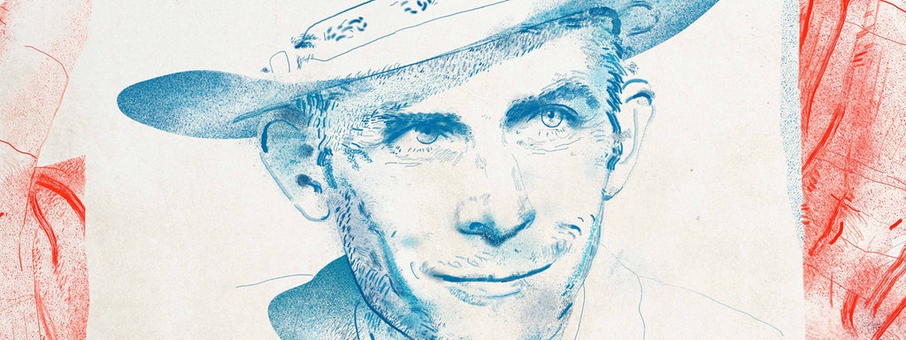 Illustration: Die Hände halten ein Porträt von Hank Williams.