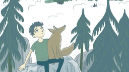 Illustration: Junge mit Hund auf Felsen im Mondschein.