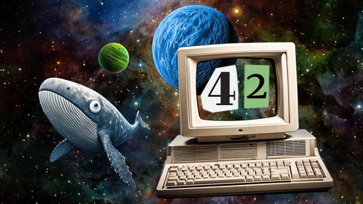 Ein alter Computer mit der Zahl "42" und ein Wal im Weltall.