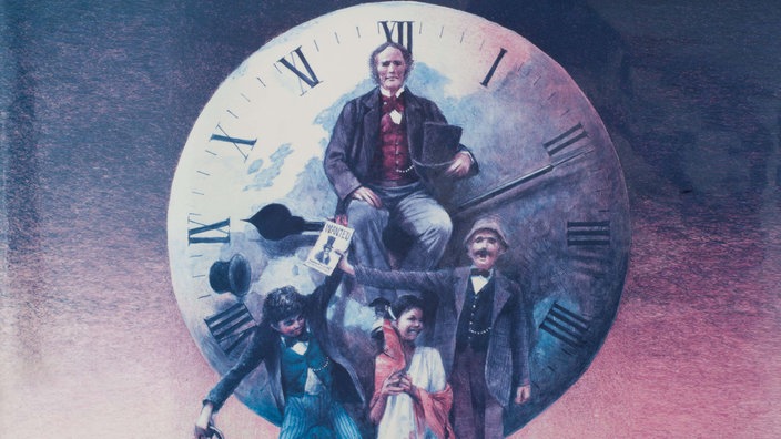 Illustration: Phileas Fogg sitzt vor einer Uhr, andere Figuren aus dem Buch sind zu sehen.