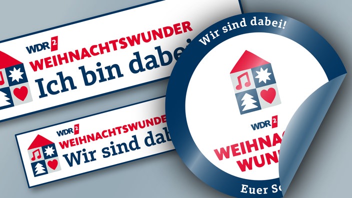 Eine Collage mit einem quadratischen und runden Weihnachtswunder-Logo mit dem Text "Ich bin dabei" und "Wir sind dabei".