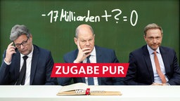 Satirische Foto-Montage: Olaf Scholz, Robert Habeck udn Christian Lindner sitzen grübelnd vor einer Schultafel