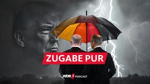 Satirische Fotomontage: Olaf Scholz und Friedrich Merz stehen unter einem schwarz-rot-gelben Regenschirm und blicken in einen Regensturm, in dem das Gesicht von Donald Trump erscheint