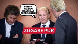 Satirische Foto-Montage: Robert Habeck mit der Frisur von Javier Milei, Olaf Scholz mit der Frisur von Donald Trump und Christian Lindner mit der Frisur von Geert Wilders