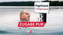 Fotomontage: Der Kopf von Olaf Scholz schaut aus einem Gewässer mit hohem Wasserstand, daneben eine Wasserstandsanzeige mit einer Skala aus Umfragewerten