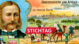 Farbige Gedenkpostkarte mit Afrika-Szene und Porträt von Heinrich Barth