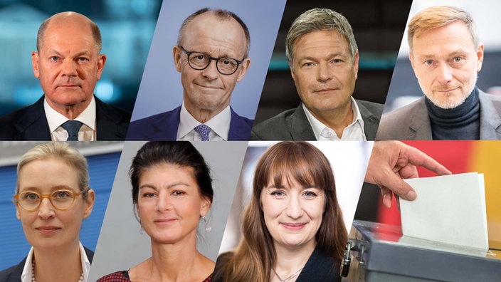 oben v.l.n.r.: Olaf Scholz (SPD), Friedrich Merz (CDU), Robert Habeck (Bündnis 90/Die Grünen), Christian Lindner (FDP); unten v.l.n.r.: Alice Weidel (AfD), Sahra Wagenknecht (Bündnis Sahra Wagenknecht) und Heidi Reichinnek (Die Linke)