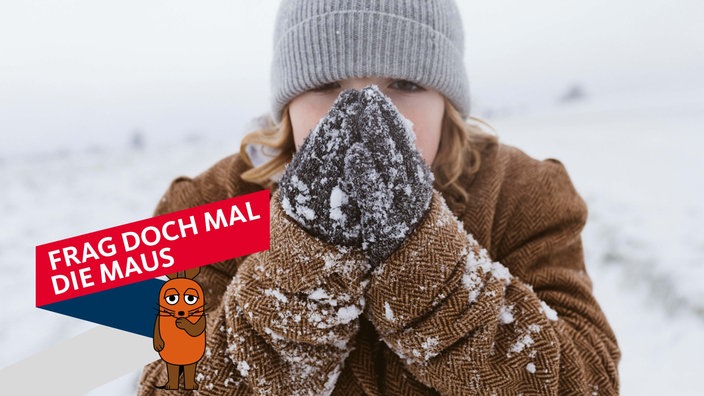 Ein Kind mit Handschuhen und Mütze steht in einer verschneiten Landschaft