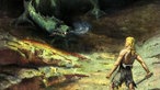 Detail aus einem Gemälde der Nibelungenhalle: Siegfried kämpft gegen den Drachen