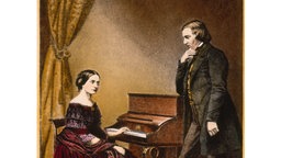 Colorierte Lithografie: Robert Schumann mit Frau Clara Schumann am Klavier.